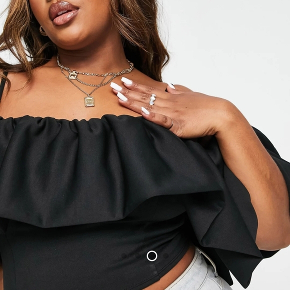 ASOS DESIGN Curve scuba off-shoulder top w exaggerated sleeve, Black, 14 - Picture 3 of 4